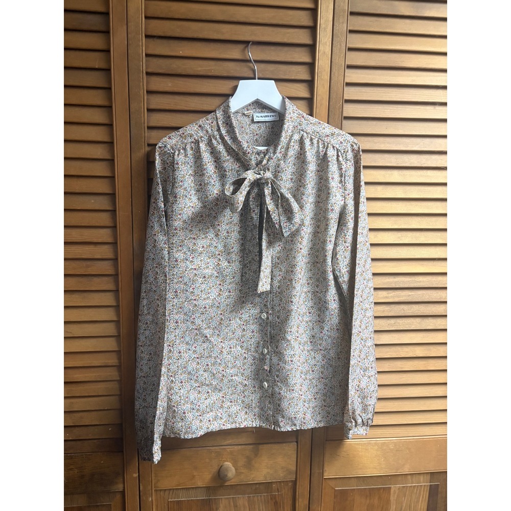 Jo Matthews Vintage Ditsy Floral‎ Neck Tie Bow Blouse Long Sleeve Button Front